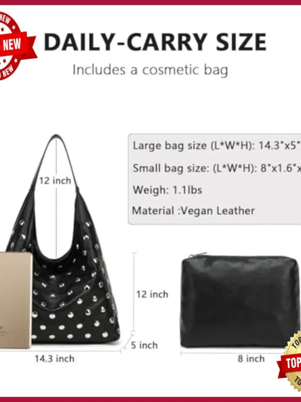 Studded Vegan Leather Hobo Tote Shoulder Bag Spacious Slouchy Purse